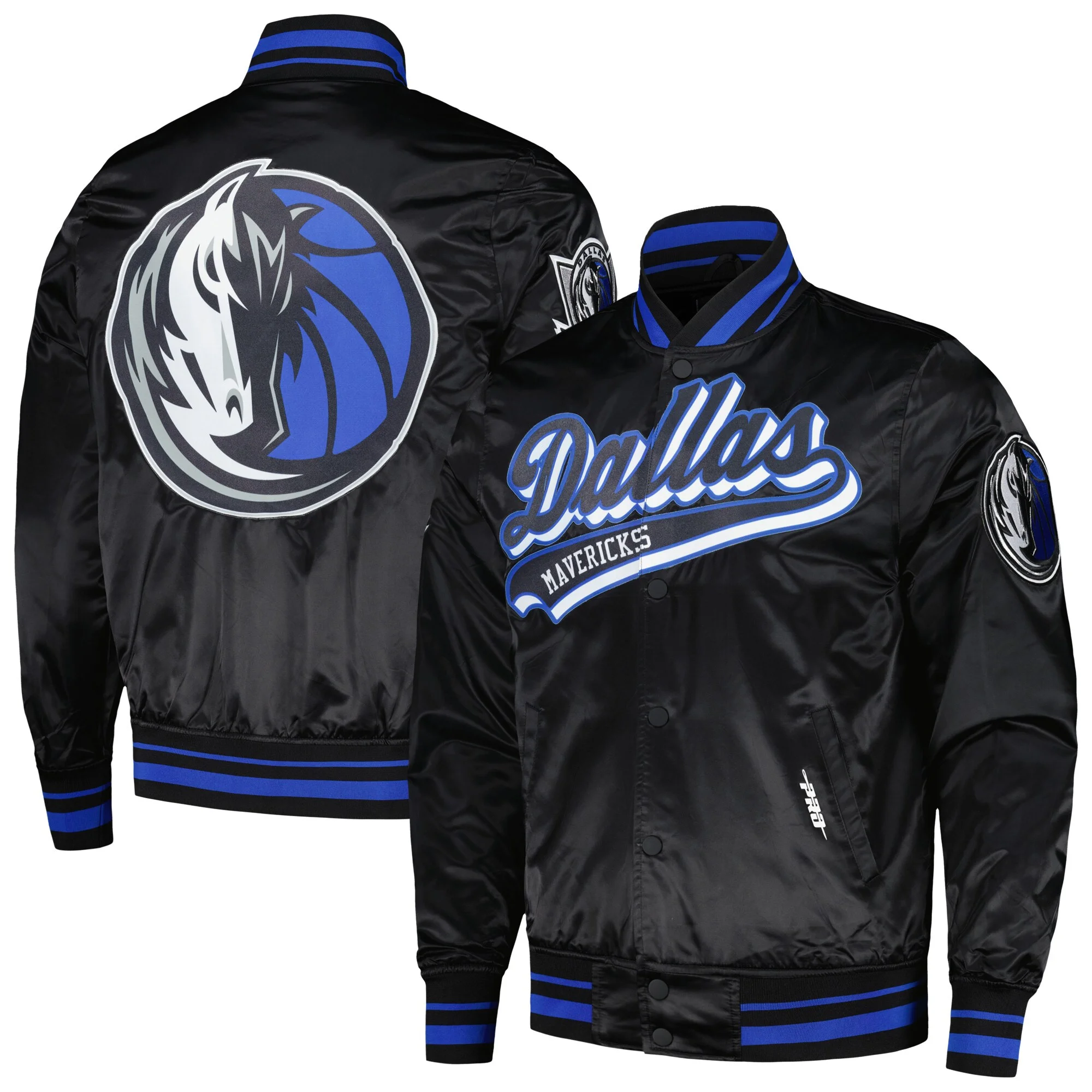 Dallas Mavericks Script Tail Black Satin Varsity Jacket 2