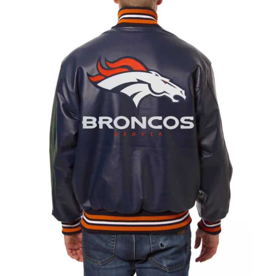 Denver Broncos Navy Blue Leather Varsity Jacket 1
