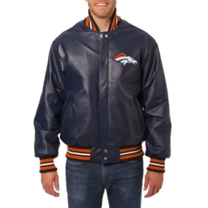 Denver Broncos Navy Blue Leather Varsity Jacket