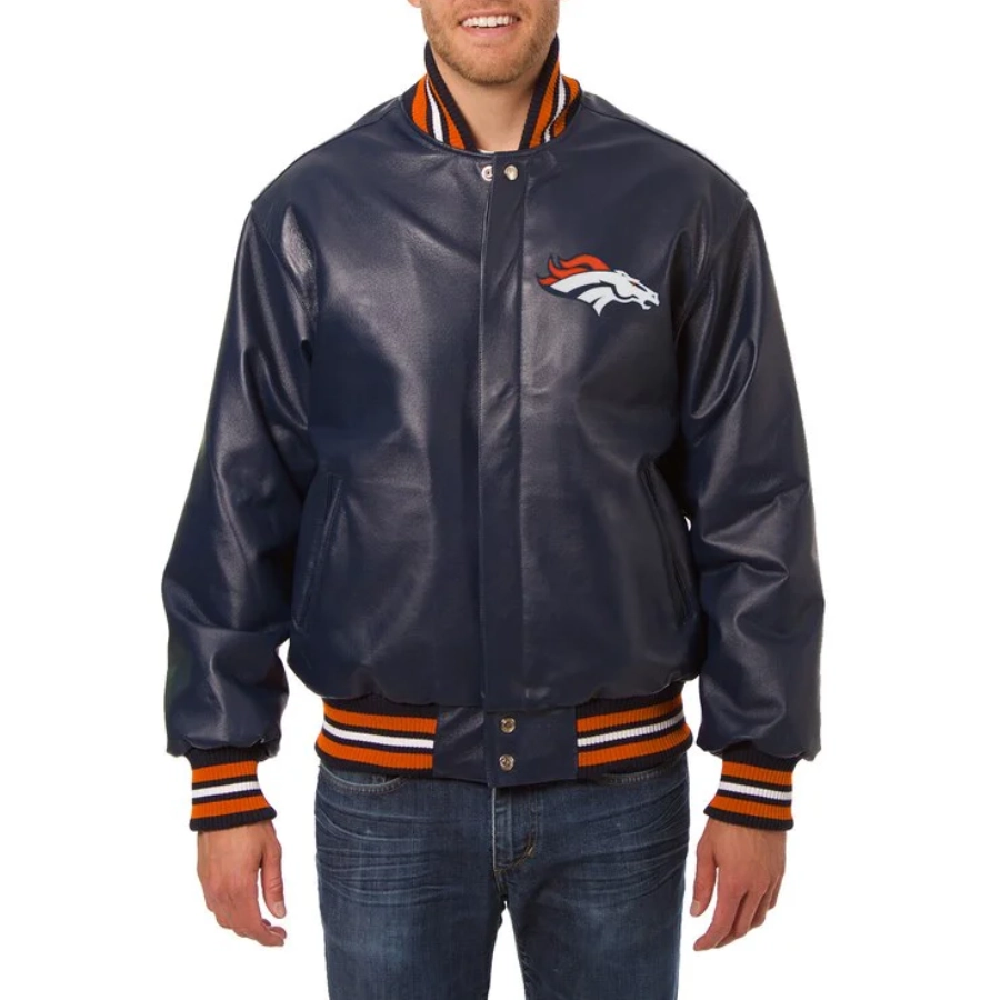 Denver Broncos Navy Blue Leather Varsity Jacket
