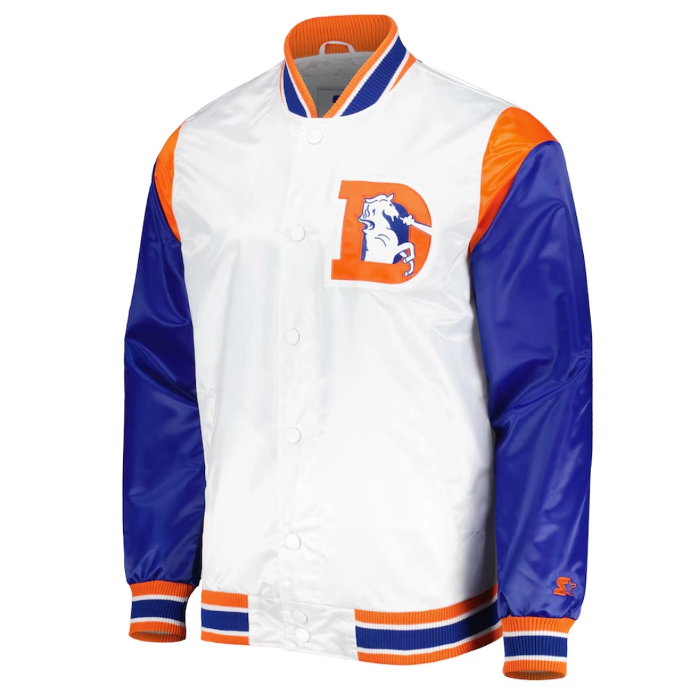 Denver Broncos Pitch Satin White Varsity Jacket