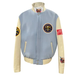 Denver Nuggets Baby Blue and Cream Old English Jacket