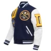 Denver Nuggets Mashup Navy Blue and White Wool and Leather Varsity Jacket 1