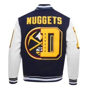 Denver Nuggets Mashup Navy Blue and White Wool and Leather Varsity Jacket 2