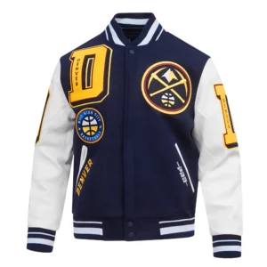 Denver Nuggets Mashup Navy Blue and White Wool and Leather Varsity Jacket