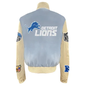 Detroit Lions Old English Baby Blue and Cream Varsity Jacket 1