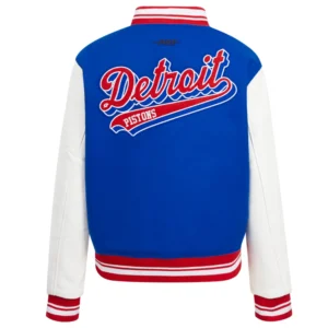 Detroit Pistons Blue and White Script Tail Wool Varsity Jacket 3