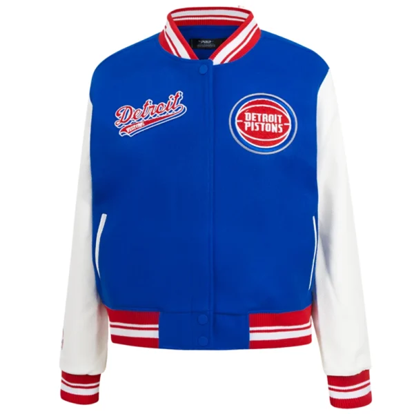 Detroit Pistons Blue and White Script Tail Wool Varsity Jacket