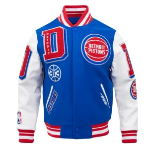 Detroit Pistons Mashup Men’s Rib Wool Royal Blue and White Varsity Jacket
