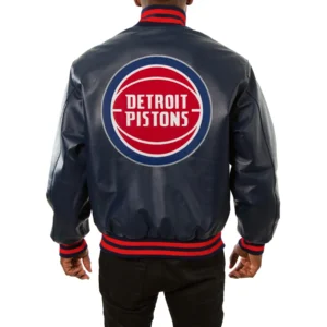 Detroit Pistons Real Navy Blue Leather Jacket 1