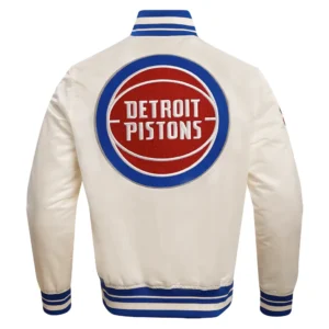 Detroit Pistons Retro Classic Rib Cream Satin Varsity Jacket 3