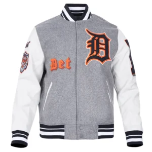 Detroit Tigers Old English GreyWhite Wool & Leather Varsity Jacket
