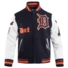 Detroit Tigers Old English NavyWhite Wool & Leather Varsity Jacket