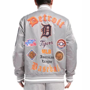 Detroit Tigers Old English Rib Knitted Satin Varsity Gray Jacket 1