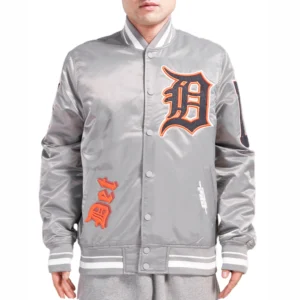 Detroit Tigers Old English Rib Knitted Satin Varsity Gray Jacket