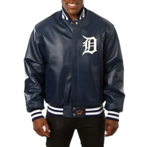 Detroit Tigers Real Full Leather Varsity Navy Jacket