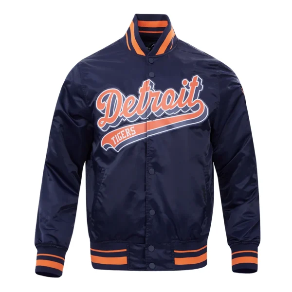 Detroit Tigers Script Tail Satin Varsity Navy Jacket