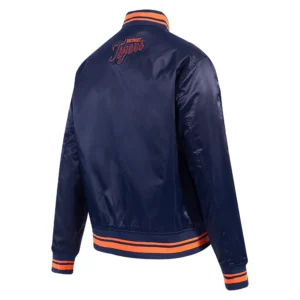 Detroit Tigers Script Tail Women’s Satin Varsity Navy Jacket 1