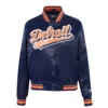 Detroit Tigers Script Tail Women’s Satin Varsity Navy Jacket 3