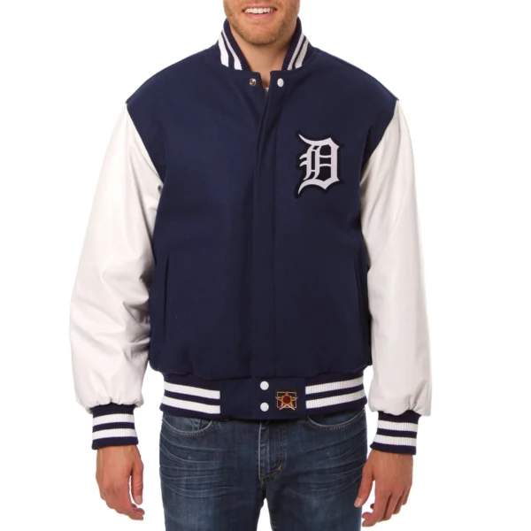 Detroit Tigers Two Tone Wool & Leather Varsity Jacket – NavyWhite