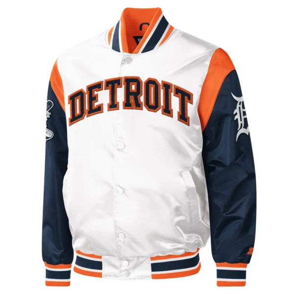 Detroit Tigers Warm Up Pitch Full-Snap Satin Varsity Jacket White & Navy 1