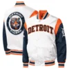 Detroit Tigers Warm Up Pitch Full-Snap Satin Varsity Jacket White & Navy 3