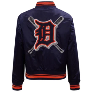 Detroit Tigers Women’s Mashup Rib Full-Snap Satin Varsity Jacket 1