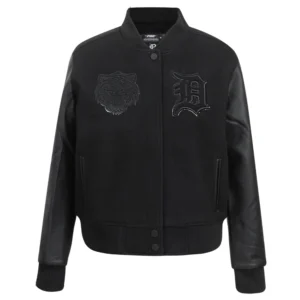 Detroit Tigers Women’s Triple Black Ribbed Knitted Wool & Leather Varsity Jacket