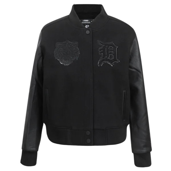 Detroit Tigers Women’s Triple Black Ribbed Knitted Wool & Leather Varsity Jacket