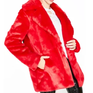 Eight Ball Fluffy Logo Print Women's Red Racked Up Faux Fur Jacket