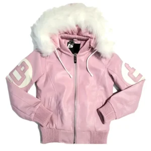 Eight Ball Kid's Classic Baby Pink and White Bomber Fur Hood Leather Jacket