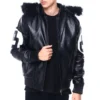 Eight Ball Men's Color Block Black Fur Hooded Bomber Genuine Leather Jacket