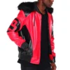 Eight Ball Men's Color Block Red and Black Hooded Bomber Real Leather Jacket