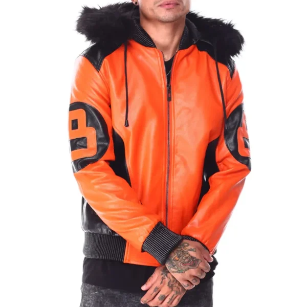 Eight Ball Men's Orange and Black Color Block Fur Hooded Leather Jacket