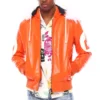 Eight Ball Men's Orange and White Color Block Fur Bomber Leather Jacket