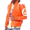 Eight Ball Men's Orange and White Color Block Fur Hooded Bomber Leather Jacket