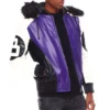 Eight Ball Men's Purple & Black Color Block Bomber Real Leather Jacket