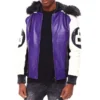 Eight Ball Men's Purple & Black Color Block Fur Hooded Bomber Real Leather Jacket