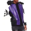 Eight Ball Men's Purple Color Block Fur Hooded Bomber Leather Jacket