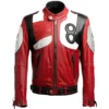 Eight Ball Pool Billiard Cue Men's Red and White Bomber Leather Jacket