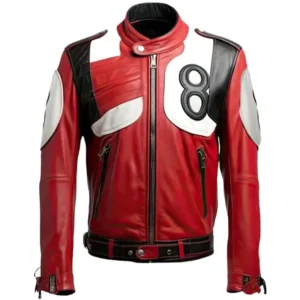 Eight Ball Pool Billiard Cue Men's Red and White Bomber Leather Jacket