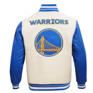 Golden State Warriors Retro Classic Full-Zip Cream and Blue Varsity Jacket 3