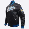 Golden State Warriors Script Tail Black Satin Varsity Jacket 1