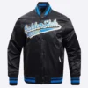 Golden State Warriors Script Tail Black Satin Varsity Jacket