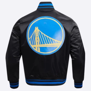 Golden State Warriors Script Tail Black Satin Varsity Jacket 3