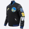 Golden State Warriors Script Tail Black Wool & Leather Varsity Jacket 1