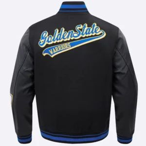 Golden State Warriors Script Tail Black Wool & Leather Varsity Jacket 3