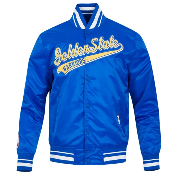 Golden State Warriors Script Tail Full-Snap Blue Satin Varsity Jacket