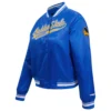 Golden State Warriors Script Tail Women’s Blue Satin Varsity Jacket 1