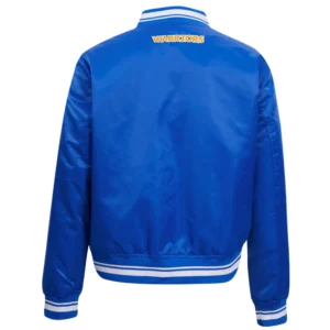 Golden State Warriors Script Tail Women’s Blue Satin Varsity Jacket 3
